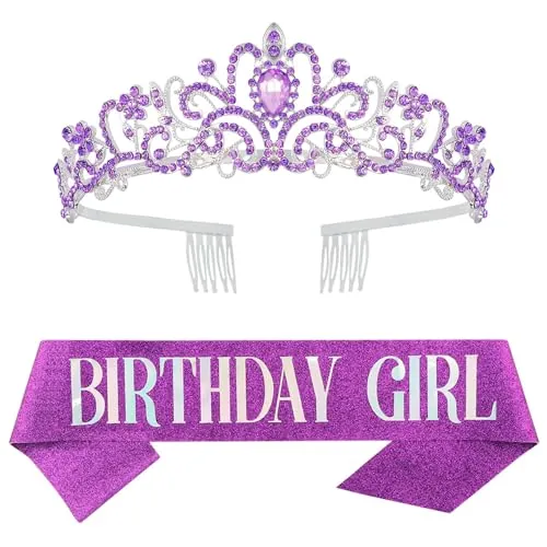 Corona de cumpleaños con banda de cumpleaños Queen Corona Cumpleaños Mujeres Niñas Cumpleaños Reina Banda Rhinestone Tiara Set para Feliz Cumpleaños Suministros de Fiesta Decoraciones, Lila