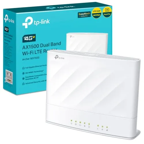 TP‑Link Archer MX1500 - Router 4G+ AX1500 LTE Dual Band – Velocidad hasta 1201 Mbps + 300 Mbps, Compatible con EasyMesh, App Tether, Ideal para hogares y oficinas sin Cable DSL
