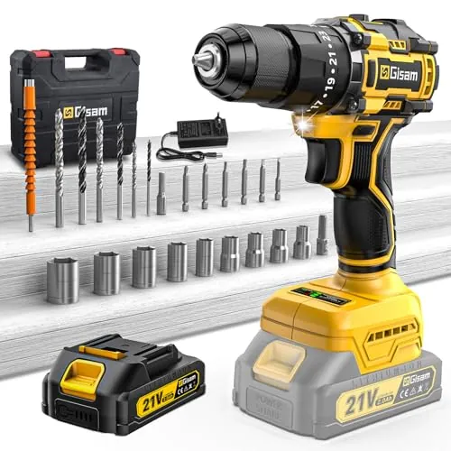 Taladro Percutor a Bateria 21V,Taladro Atornillador Bateria con,Atornillador Electrico 55Nm,23+3 Ajuste de Par,24 Accesorios,2 Velocidad, LED Luz Para Hogar,Bricolaje (1 x 2.0 AH Battery)