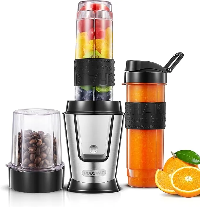 HOUSNAT Batidora de Vaso Individual 3 en 1, Mini Batidora Smoothie Maker con Molinillo de Café 280ml y 2 Portátil Botellas Deportivas 570ml, Acero Inoxidable, Apta para Lavavajillas, 500W