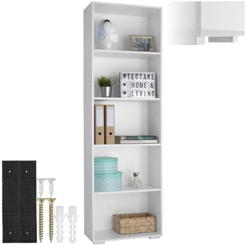 tectake® Estanteria Madera, Libreria Estanteria con 5 Compartimentos, Estanteria Almacenaje para Libros, Estanterias de Madera, Mueble Almacenaje, Estanteria Habitacion - Blanco