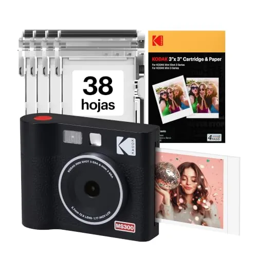 KODAK Mini Shot 3 ERA 4PASS 2-en-1 Cámara Instantánea e Impresora de Fotos (7,6x7,6cm) (Cámara + Pack con 38 Hojas (8 Hojas Iniciales + 30 Hojas), Negro)