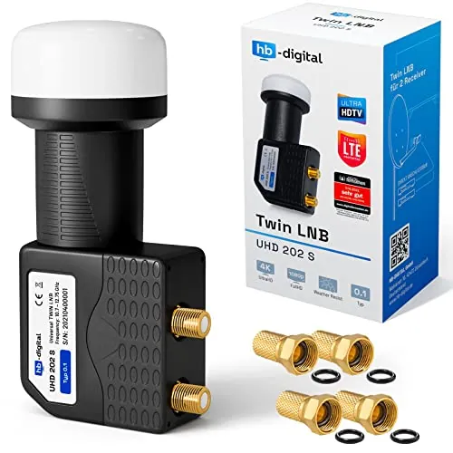 HB-DIGITAL Twin LNB LNC 2 Sat Participantes Directos Full HD TV 3D 4K 8K UHD + Contactos Chapados En Oro + Protección contra La Intemperie (Extensible) En El Conjunto con 4 F-Conectores