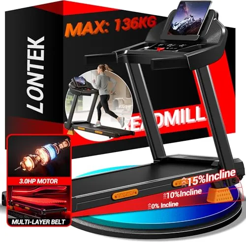 LONTEK Cinta de Correr Plegable con Inclinación 15%, Cinta de Andar Plegable 12KM/H,Caminadora Electrica para Casa Equipado con un Motor de 3,0 CV y Pantalla LED,136KG