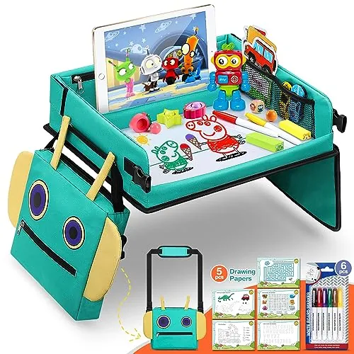 COOLJOY Mesa Coche para Niños, Bandeja de Viaje Niños, Bandeja Impermeable para Coche, Cochecito, Avión, Tablero Organizador Plegable de Coche con 5 Papeles de Dibujo Educativo y Pluma de 6 Colores