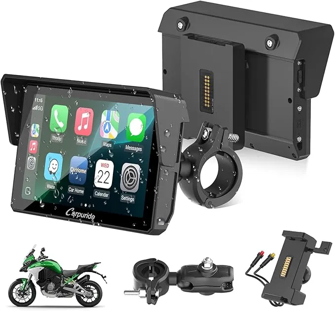 Carpuride W502S Pro - GPS inalámbrico para Motocicleta, Carplay/Android Auto, Pantalla táctil Impermeable de 5", con Soporte BM05, Bluetooth Trans, Mando a Distancia con Cable y navegación