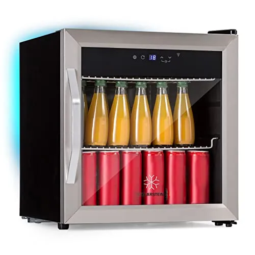 KLARSTEIN Mini Nevera Portatil Electrica Puerta Cristal para Dormitorios, Control de IoT/App, Nevera Pequeña Silenciosa para Vino, Frigorificos Pequeños con Estantes Extraíbles, Minibar 0-13°C, 50 l.