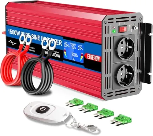 ETREPOW Inversor 24V 220V 1500W Onda Pura con LCD y Remoto para Caravana