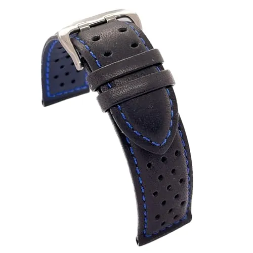 diloy Correa cuero vacuno liso perforado estilo rally racing Costura y forro a color Tallas 18mm 20mm 22mm 24mm – Negro con rojo azul amarillo naranja blanco Diseño deportivo 380 Azul 22mm