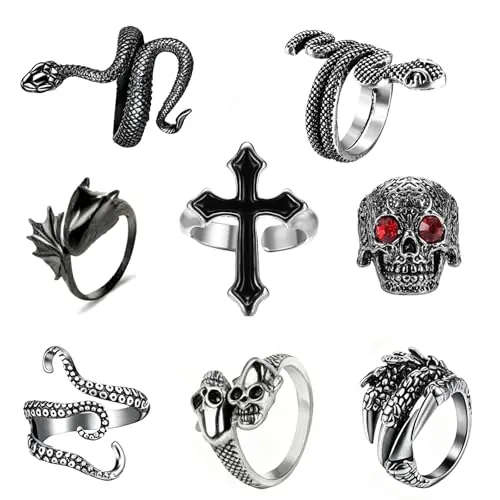 yolzhxe 8 Piezas Anillos Punk de Plata Vintage, Abierto Ajustable Anillos Calavera Góticos, Acero Inoxidable Ring Cruz Calavera Serpiente, para Halloween y Fiestas Temáticas