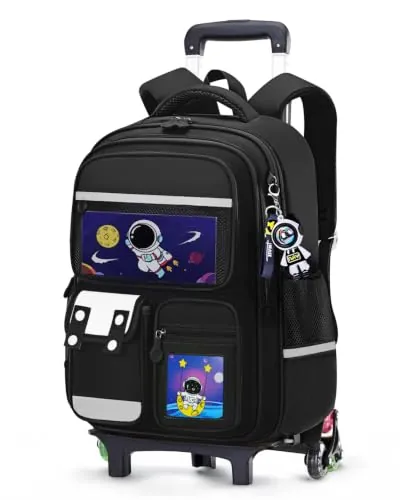 Amythe Mochila Escolar con Ruedas Niños con Bandas Reflectantes, Negro