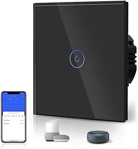 BSEED Interruptor Inteligente WIFI,Interruptores Tactil Con Cristal,Compatible con Alexa,Tuya y Smart Life,Requiere Cable Neutro,1 Gang 1 Vía,86mm Negro