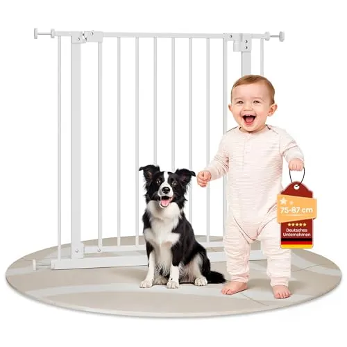 WOLTU Barrera Seguridad Infantil, Apertura de 75-87 cm, Barrera para Niños y Bebé, Barandilla Escalera Seguridad, Valla Metálica para Perros, Doble Bloqueo, Blanco