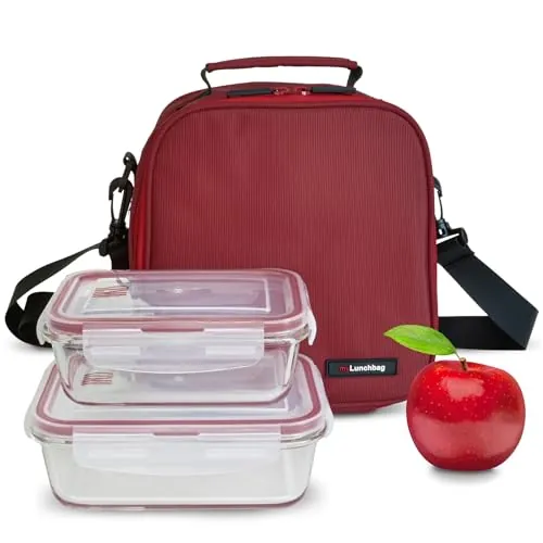 Bolsa Termica Porta Alimentos 3,8l - Lunch Bag con 2 Tapers de Cristal de 0.57l y 0.84l, Bolsa Isotermica de Cremallera Doble, Loncheras de Trabajo impermeable para Oficina, Universidad, Picnic, Roja