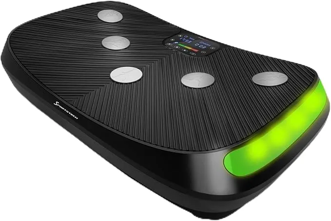Sportstech 4D VP400 Plataforma Vibratoria de Diseño Curvo + Videos de Entrenamiento, Pantalla Táctil, Gran Superficie, Tecnología LED, Reloj Remoto, Bandas de Resistencia, póster y Esterilla