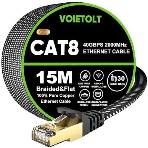 Cable Ethernet Cat 8 15M, RJ45 Lan 40Gbps 2000MHz Red de Alta Velocidad