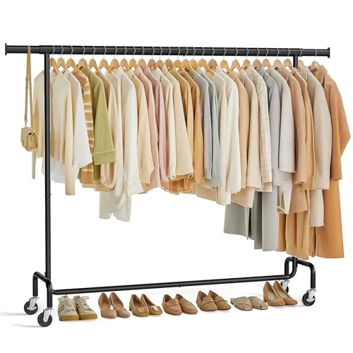 SONGMICS Burro Ropa con Ruedas, Extensible, (160-200) x 45 x 163 cm | Perchero Burro, Capacidad de Carga de 110 kg, Fácil de Montar, Portátil, Negro, Colección PATAYE HSR176B01