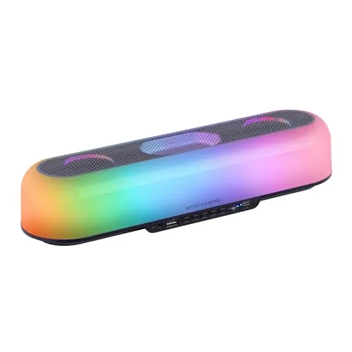 Mars Gaming MSB-Orb, Altavoz Portátil + Barra de Sonido 20W, Iluminación Orbilight RGB 360º, Soundbar con Sistema de Triple Driver, Altavoces Gaming Bluetooth 5.3 / USB/MicroSD/AUX/FM, Negro
