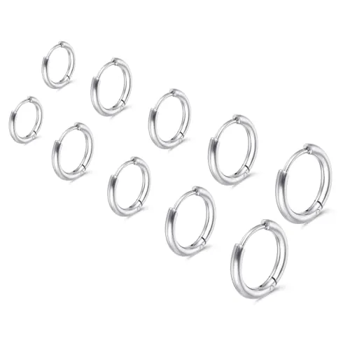 Nogeqi 5 pares de pendientes de plata para hombre, aros hipoalergénicos y ligeros, acero inoxidable