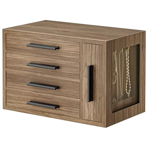 HOOBRO Caja Joyero, Organizador de Joyas de 4 Niveles de Madera con Ventana Transparente, Caja de Joyas para Pendientes, Collares, Anillos, Nogal Claro y Negro