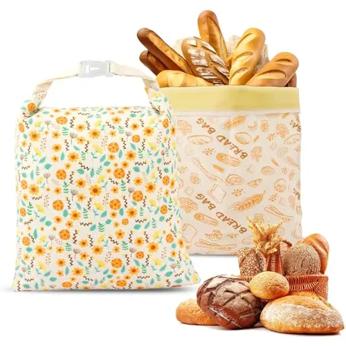 2 Bolsas para pan reutilizables de cera de abeja 43×33 cm, Bolsa para Pan con Revestimiento natural de cera de abeja, Bolsa de algodón para Guardar Pan y Productos de panadería