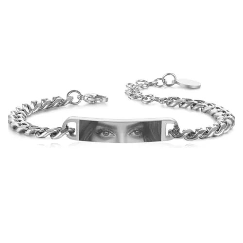 MeMeDIY Pulsera con Foto de Ojo Personalizada para Hombre Pulseras Regulable de Acero Inoxidable con Foto/Nombre/Texto Grabado Regalos Personalizados para Esposo Novio Pareja Aniversario - Plata