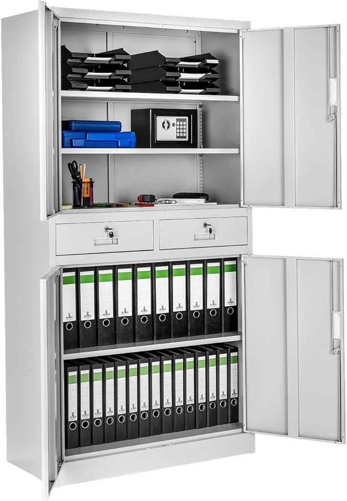 tectake® Armario Archivador Oficina en Acero, Armario Exterior e Interior con Candado Seguridad, Armario Multiusos con 5 Alturas, 4 Puertas, 2 Cajones, 3 Estantes Ajustables, 180x80x40 cm - gris claro