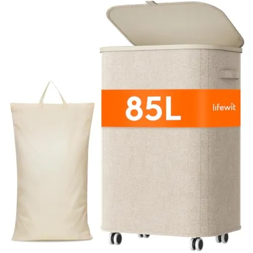 Lifewit Cesto Ropa Sucia con Tapa y Ruedas, Cubo Ropa Sucia Plegable con Bolsa Extraíble, Laundry Basket para Dormitorio, Baño y Lavadero, 85L, Beige
