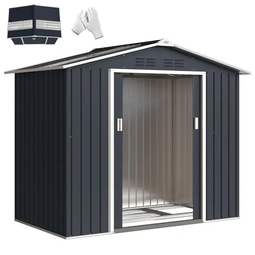 Outsunny Caseta de Jardín Exterior, 2,5 m² 213x130x185 cm, Cobertizo de Jardín Exterior Metálico con 2 Puertas Correderas, Claraboya, Base Refuerzo (Suelo NO Incluido) y 4 Ventanas, Gris Oscuro
