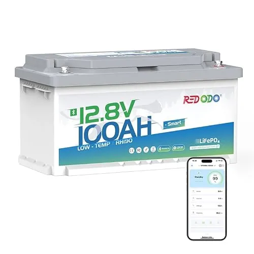 Redodo 12V 100Ah H190 Bateria Litio con Bluetooth 1280Wh Batería LiFePO4 con BMS 100A 189mm de Altura Protección de Baja Temperatura para Autocaravanas/Barco/Cabaña Off-Grid/Emergencia Doméstica