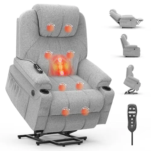 BareTay Sillón relax para personas mayores, con masaje y calor, reposapiés alargado, tipo C + puertos USB, 2 soportes para bebidas, dos bolsillos laterales, tumbonas, sofá lounge