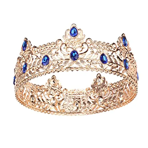 LEEMASING Coronas de metal para hombres, adultos, cumpleaños, graduación, fiesta de regreso a casa, corona de rey para cosplay, boda, regreso a casa, fiesta de graduación (dorado con piedra azul)