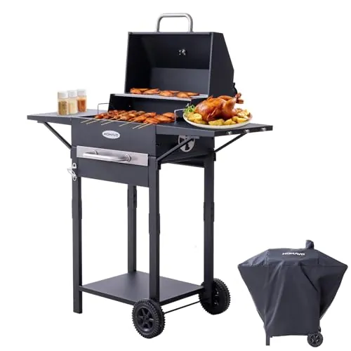 HOMAVO Barbacoa carbón con tapa y funda protectora, Parrilla 2 en 1 compacta para balcón, Termómetro integrado, Mantener caliente, Lista para uso exterior y almacenamiento