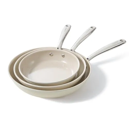 Redchef Juego De 3 Sartenes Ceramica Antiadherentes Para Inducción, 20/24/28 cm Para Todo Tipo De Cocinas, Sin Ptfe, Sin Pfas, Sin Pfoa, Aptas Para Inducción, Horno, Lavavajillas (Beige)