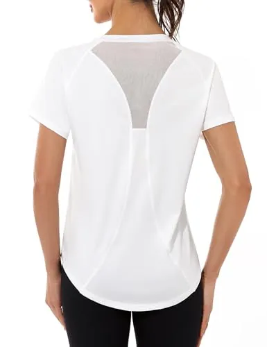 Gyabnw Camiseta Deportiva Mujer Manga Corta con Malla Secado Rápido Blanco | Paneles de malla, tejido de secado rápido, estilo de camiseta deportiva, para yoga, fitness y entrenamiento