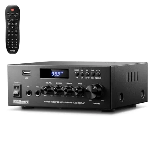 Moukey Amplificador de Audio, 2.0 Canales con Bluetooth 5.3, Remoto con Todas las Funciones, FM, RCA, USB, 2 Entradas de Micrófono, Potencia Máxima de 300 W, para Karaoke, Garaje, Cine en Casa, MAMP3