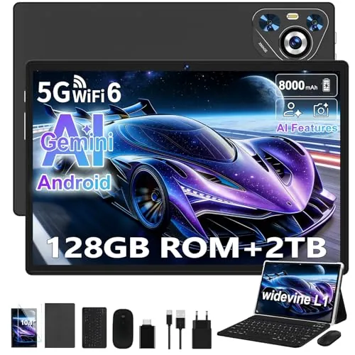 Dghrti Tablet 10 Pulgadas Android, 128GB ROM/TF 2TB, Octa-Core Procesador, 8000mAh, BT5.0, 8MP+5MP, WiFi 5G+2.4G, Face ID, Widevine L1, Tablets PC con Teclado y Mouse - Negro