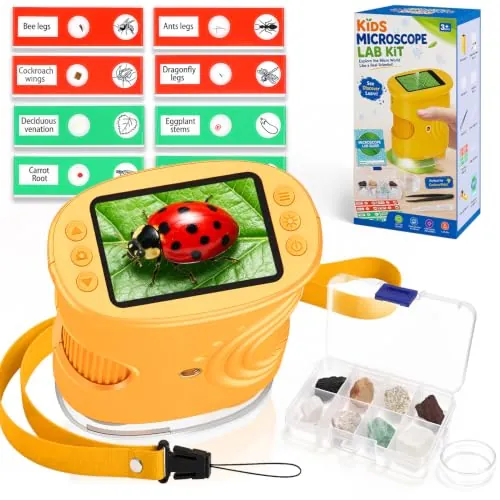 Microscopio para Niños con Aumento de 1000X, Regalo Juguetes Niños 3-12 años Fotos y Vídeos, Microscopio Portátil con 12 Portaobjetos y 8 Tipos de minerales, Kit de Exploración y Juguete Educativo