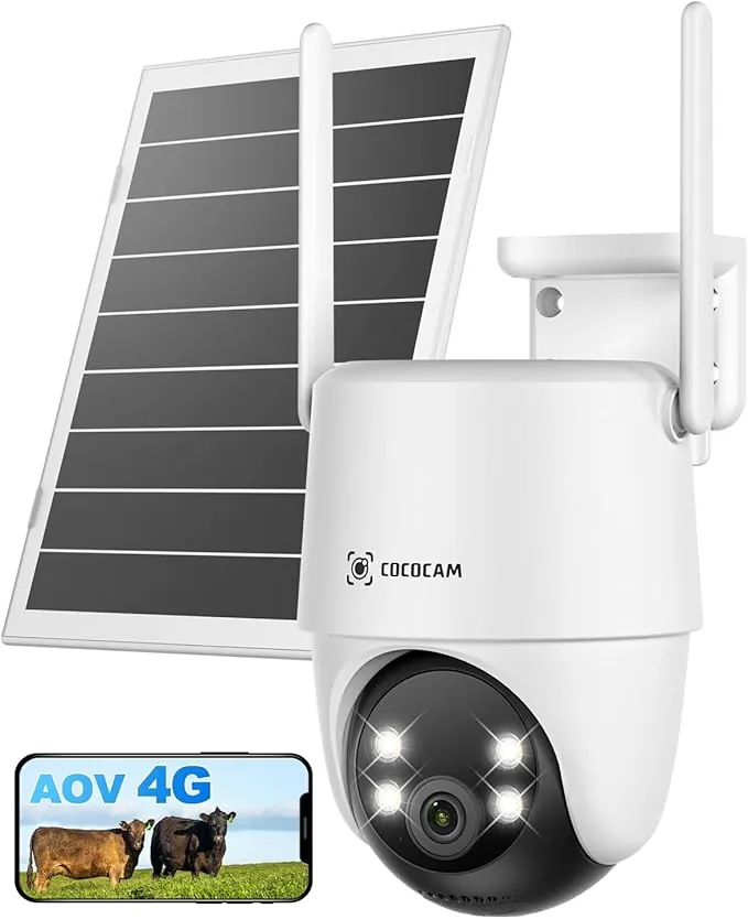 COCOCAM 24/7 Grabación AOV 4G LTE Camara Vigilancia Exterior Solar Sin WiFi, 15000mAh Batería 8W Panel Solar, 2K PTZ, Detección IA, Seguimiento IA, Visión Nocturna 30 Metros, eSIM Incluida (NO WiFi)