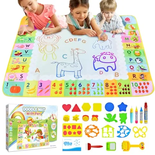 Alfombra para Pintar con Agua, Pizarra Mágica Reutilizable 120x90 cm – Juguete Educativo de Aprendizaje Temprano para Niños de 2 a 6 Años, Regalo sin Tinta ni Mancha con 4 Bolígrafos y Libro de Dibujo