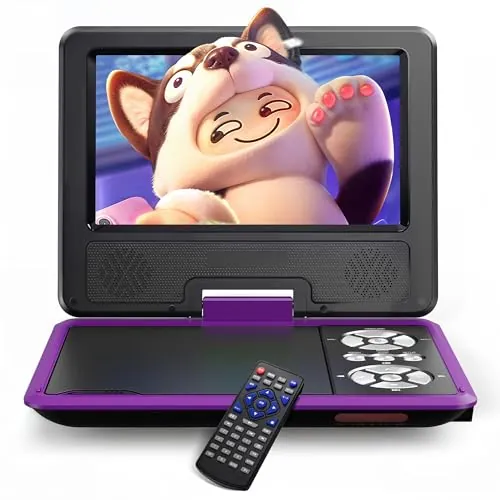 WOLFANG Reproductor de DVD Portátil de 9,5 Pulgadas para Niños en el Coche con Pantalla HD Giratoria de 7,5 Pulgadas, Altavoces Estéreo, 6h de Autonomía, Soporte de Sincronización,Púrpura