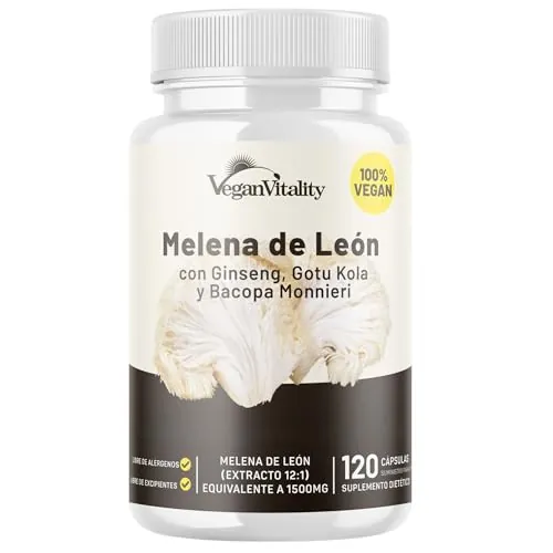 Melena de Leon Capsulas - Lions Mane Mushroom Suplemento Libre de Cafeína - 120 Cápsulas Nootropic Veganas de Bacopa Monnieri, Gotu Kola, Ginseng. Lions Mane Capsules