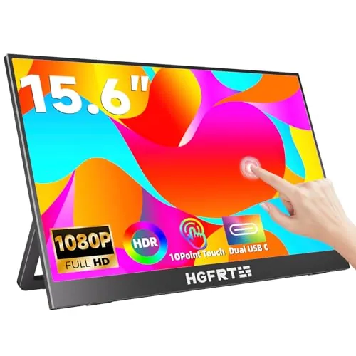 HGFRTEE Monitor Portatil Tactil 15.6 Pulgadas, 1920 x 1080 FHD Pantalla Táctil portátil de16:9, IPS, Gran Angular de 178°, sRGB 80%,60 Hz, USB-C, Mini-HDMI, VESA, Deux Altavoz, Soporte Plegable