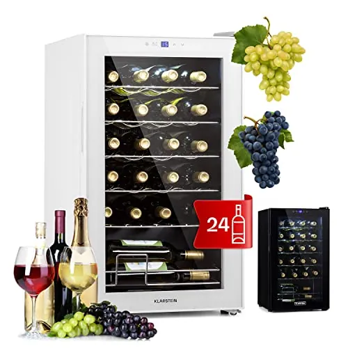KLARSTEIN Shiraz Vinoteca Blanco – 24 Botellas, 63 L, 1 Zona | Nevera para Vinos de Libre Instalación, Puerta de Cristal, Silenciosa, 5–18 °C, LED, Marco Inox
