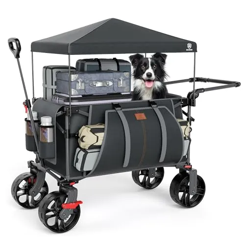 EVER ADVANCED Carrito de Festival de 228 L con Ruedas con toldo extraíble, Carrito de Camping Resistente de 150 kg, Carrito de Playa de Empuje y tracción con 3 Bolsillos Grandes, Gris