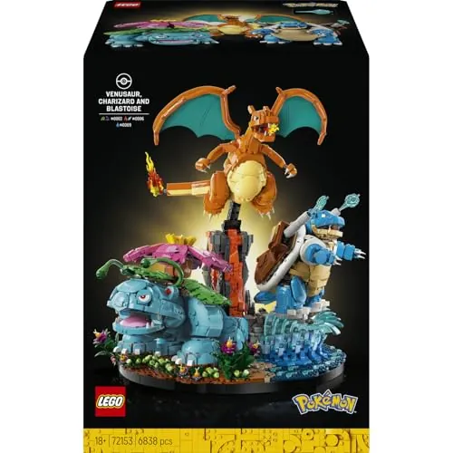 LEGO Pokémon Venusaur, Charizard y Blastoise 72153 | Set para adultos, decoración de estantería, 3 figuras anime articuladas con biomas, puzle 3D, regalo gamer, 6838 piezas