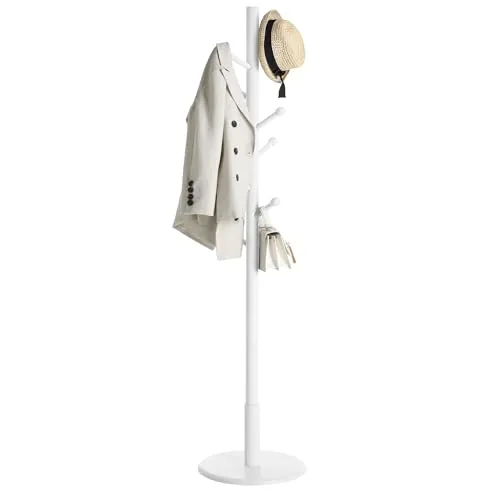 VASAGLE Perchero, Madera Maciza, en Forma de Árbol, 8 Ganchos para Chaquetas, Sombreros, para Pasillo, Ganchos y Barra de Soporte de Madera de Caucho, Blanco Nube RCR07WT
