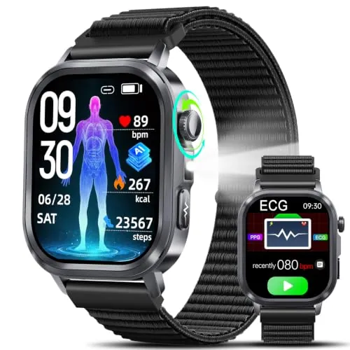 AI Reloj Inteligente Hombre con Análisis de salud IA, ECG+PPG/HRV/BMI,Negro | 1.95" AMOLED reloj salud con Preguntas IA, Sueño, AOD, Linterna LED, IP68+ Drenaje de Agua, Aleación metálica, 150+Deportivos