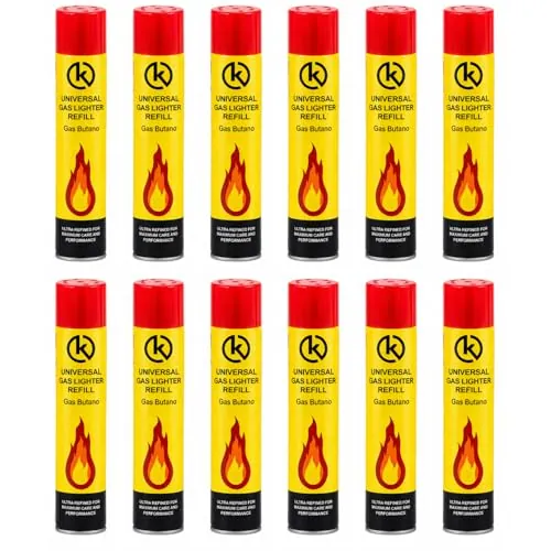 KROWN - Gas para Mecheros 300 ml con 5 Adaptadores para Recargar Encendedores y Mecheros (12 Unidades)