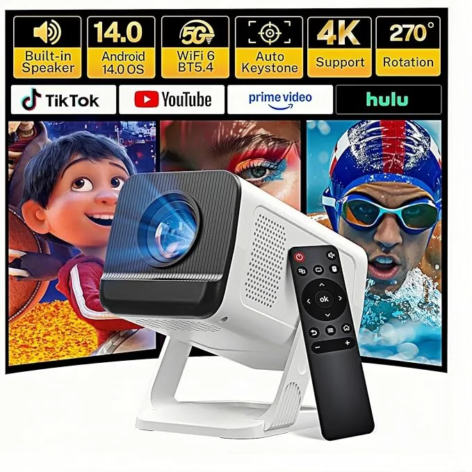 [Apps Integradas & Android 14] Mini Proyector con 5G WiFi 6 Bluetooth 5.4, Soporte 4K 1080P, Auto Keystone, 270° Rotable Projector Portátil Compatibile con HDMI/TV Stick/Laptop/USB/iOS LYNCAST